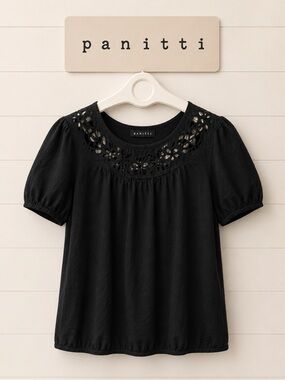 Black Eyelet Detail Puff Sleeve Top – Size M